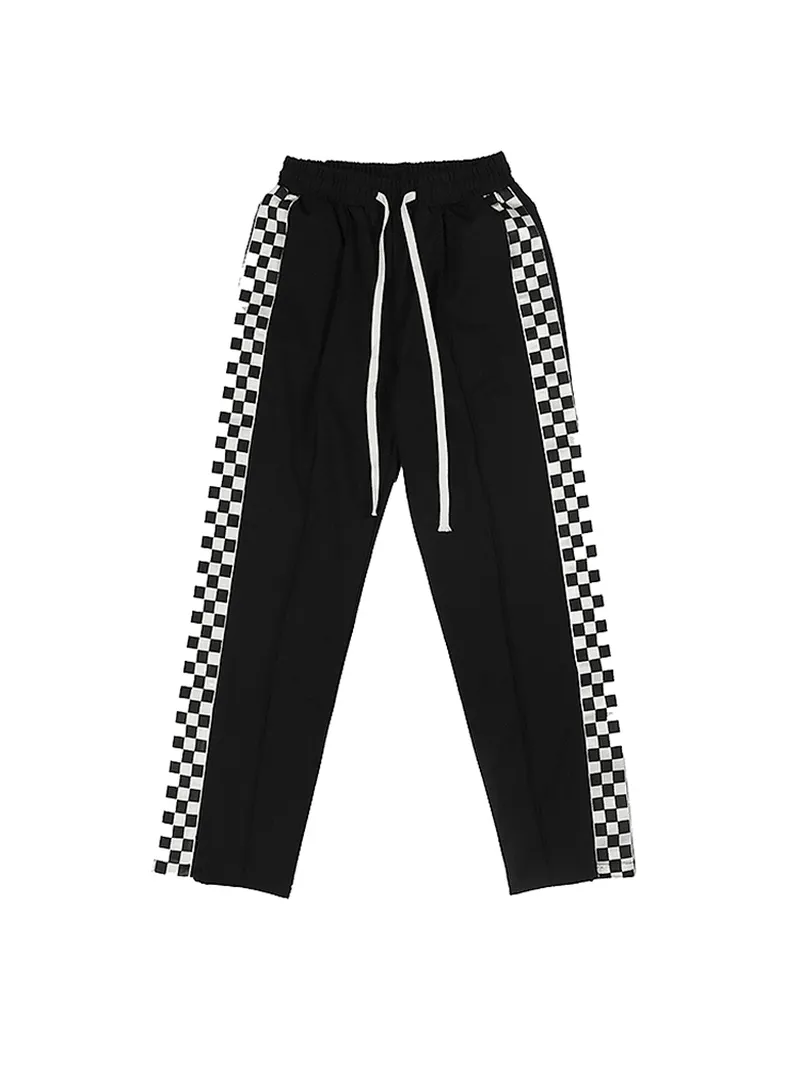 Thermal Lining Checkerboard Side Split Straight Leg Sweatpants Hip-Hop Drop Feeling Stacked Drawstring Casual Pants Men