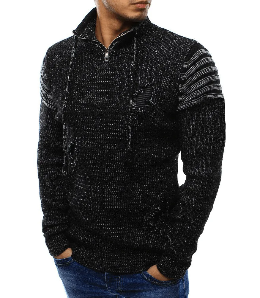 High Neck Zipper Broken Hole Fashion Trendy Sweater Trendy
