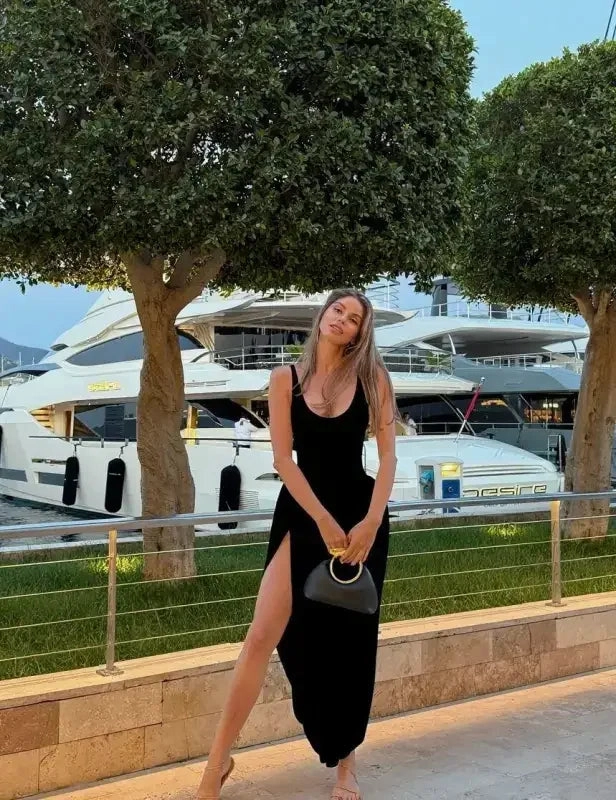 Seaside Getaway High Slit Pleated Backless Dress