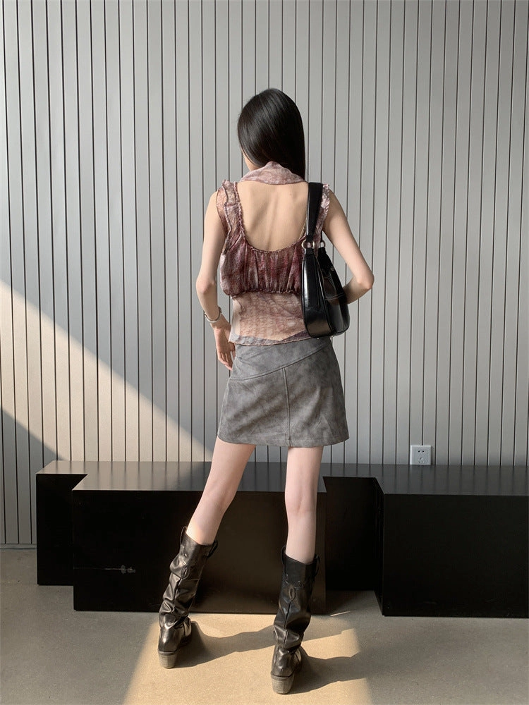 High Waist Short Skirt A- Line Skirt Leather Skirt Suit For Women Loose Fine Shopping Retro