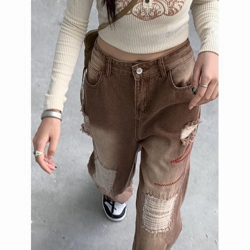 Daily Driven High Waist Slimming Holes Frayed Hem Straight-leg Pants