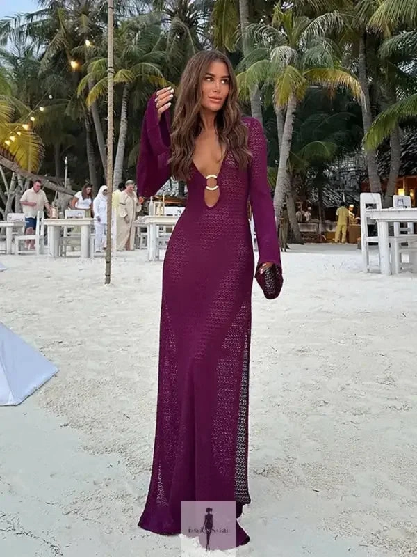 Hollow Out Metal Ring Buckle Splicing Maxi Dress Double Layered Front