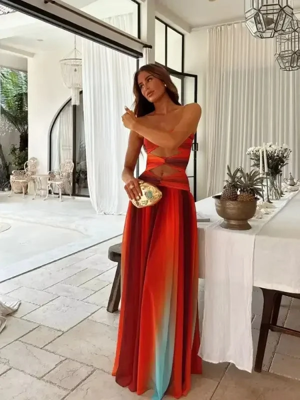 Hollow Out Strapless Maxi Dress Adjustable-Straps