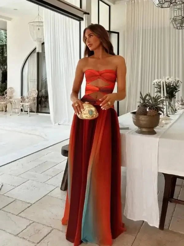 Hollow Out Strapless Maxi Dress Double Layer Reinforcement Poolside Leisure