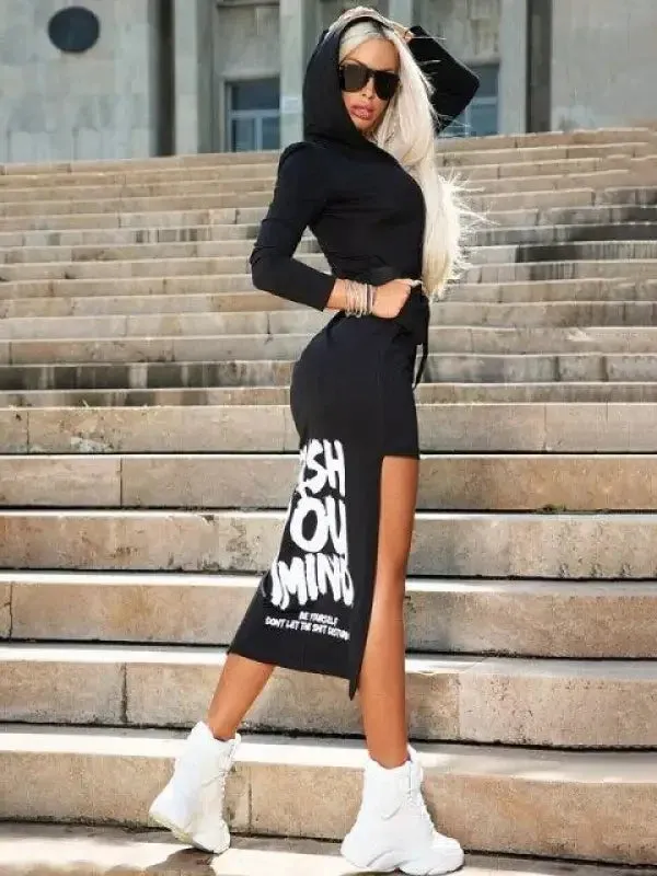 Utility Jacket Hotel Style Hooded V-Neck Midi Dress