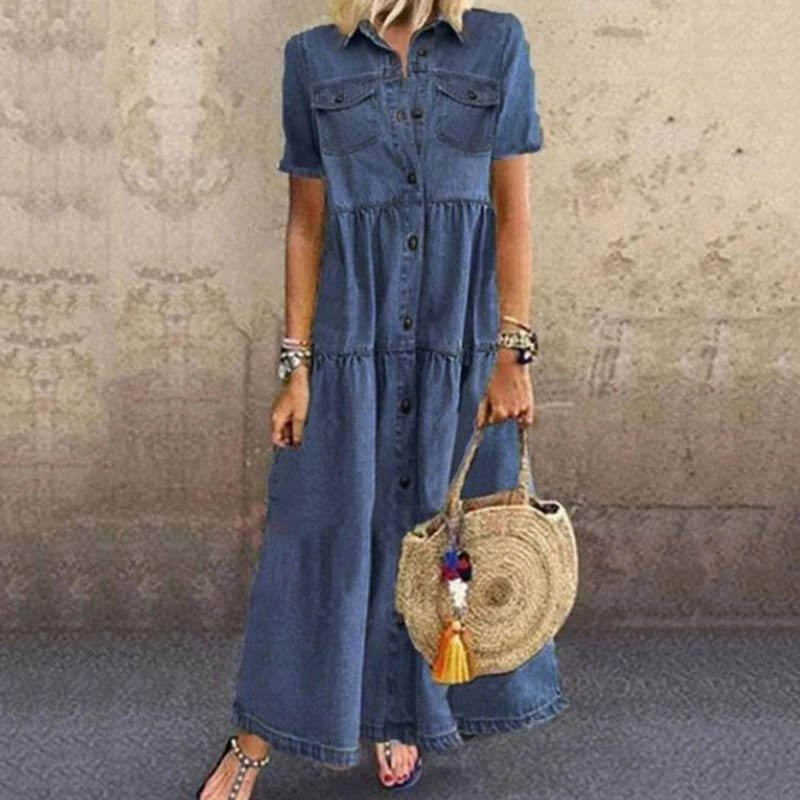 Denim style long multi-buckle distressed dress Flattering Fit for All