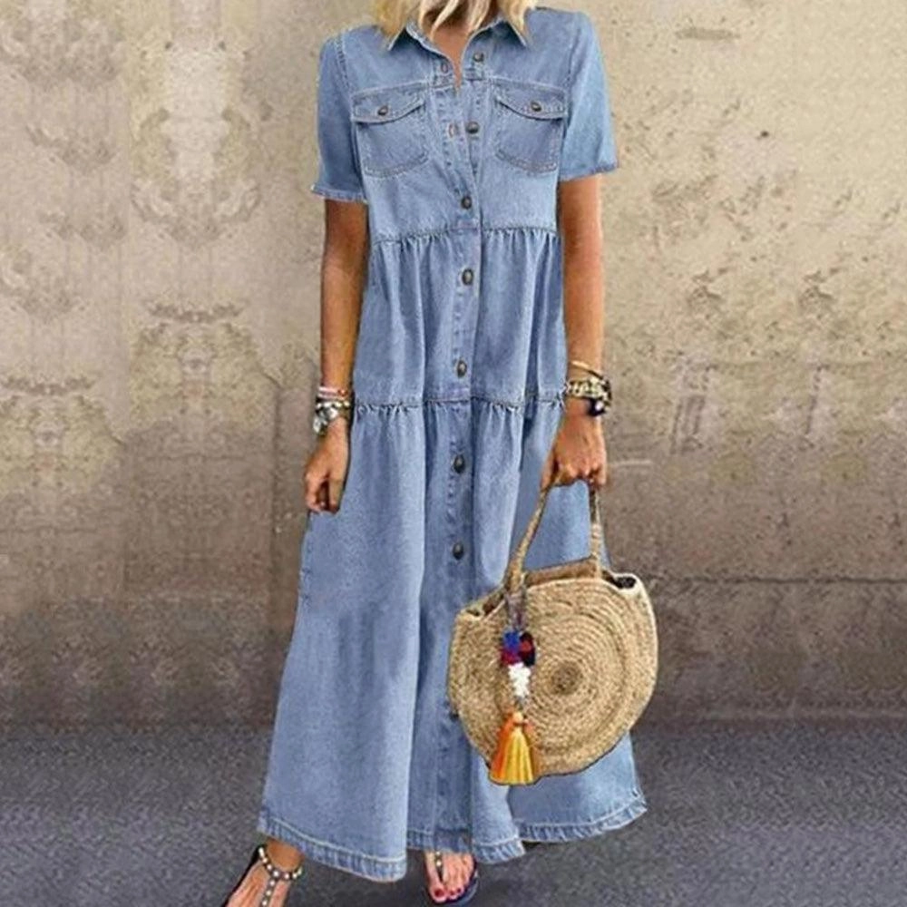 Denim style long multi-buckle distressed dress Chic Everyday Wear Front Detail