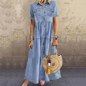 Timeless elegance Easy Wrap Denim style long multi-buckle distressed dress