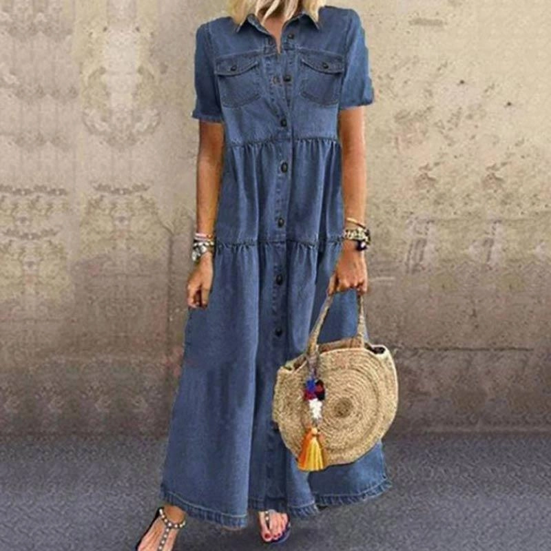 Zip-Closure Dreamy Flow Denim style long multi-buckle distressed dress