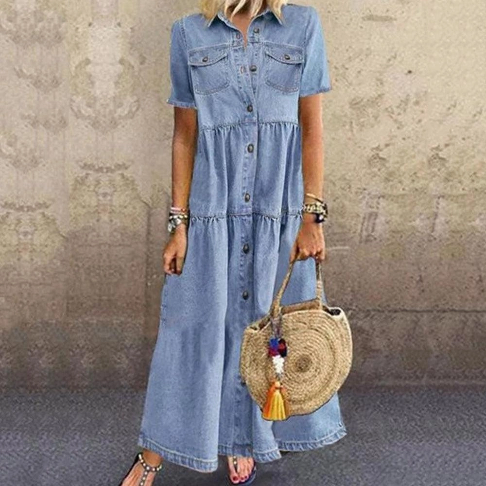 Timeless elegance Easy Wrap Denim style long multi-buckle distressed dress
