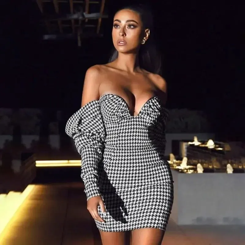 TemperatureRegulating Houndstooth Off shoulder dress