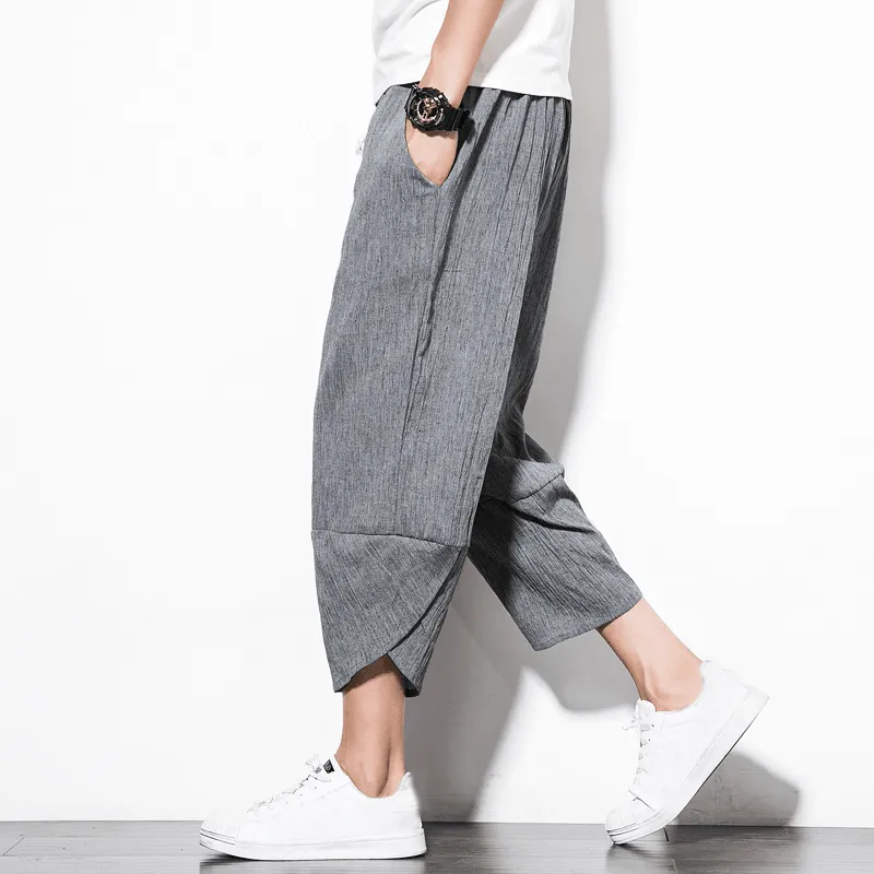Linen Pants Summer Men'S Cropped Shorts Youth Wide Relaxed Vibe