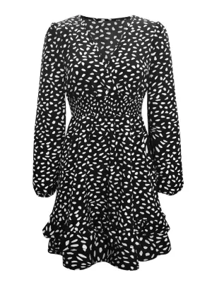 Printed Ruffle Trim Smocked Mini Dress HighElasticity HighCollar Style