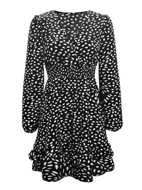 Relaxed Blouse Printed Ruffle Trim Smocked Mini Dress