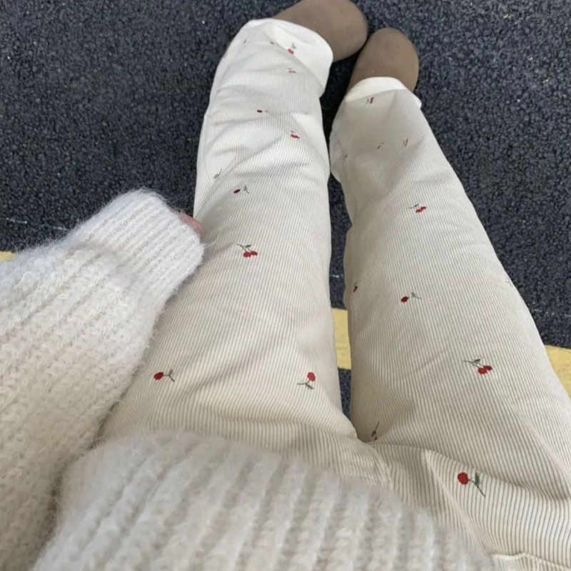 Ins Internet Celebrity Retro Lazy Cherry Embroidered Corduroy Straight Casual Trousers Comfort Cushioning HiddenDrawcord