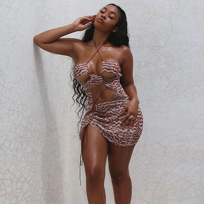 Jewel Accent Multipurpose Irregular hollow drawstring strap halter neck halter sexy dress