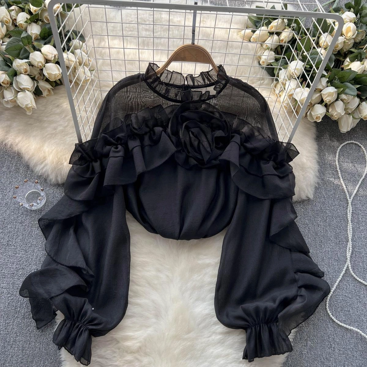 networking event Irregular Ruffled Mesh Blouse Women's Pullover Pleated Slim Top