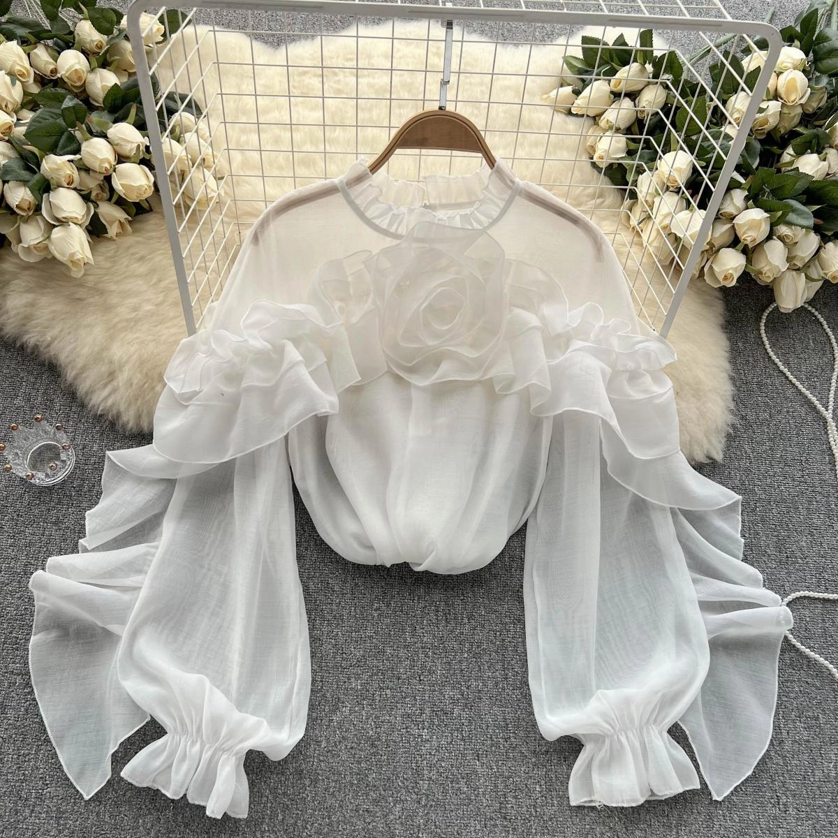 Irregular Ruffled Mesh Blouse Women's Pullover Pleated Slim Top Formal Elegance