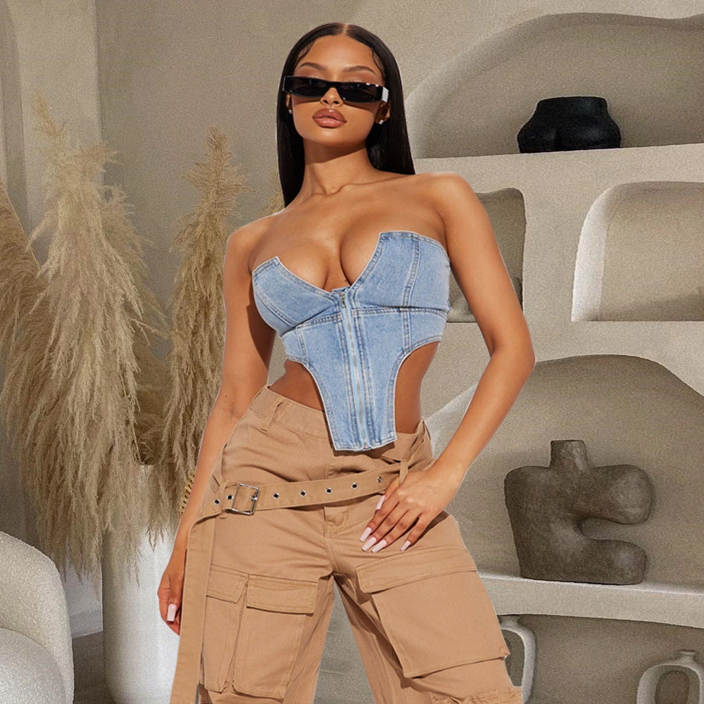 Workwear Essential Functional Comfort Irregular Zipper Wash Denim Tube Top