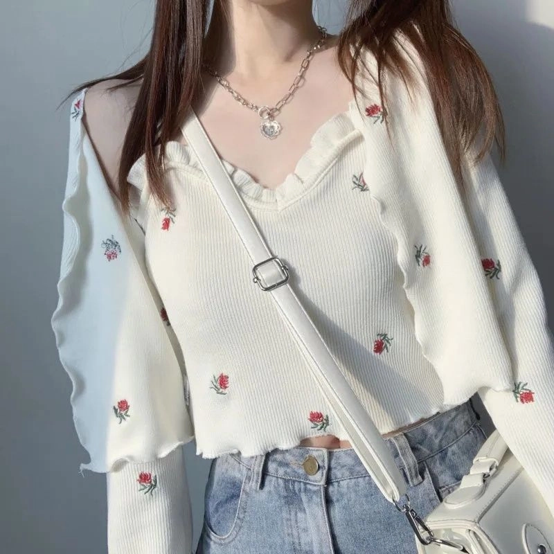 Japanese Soft Sister Embroidery Rose Small Suspender Cardigan Two-piece Set Trendy Design Slim Fit Design
