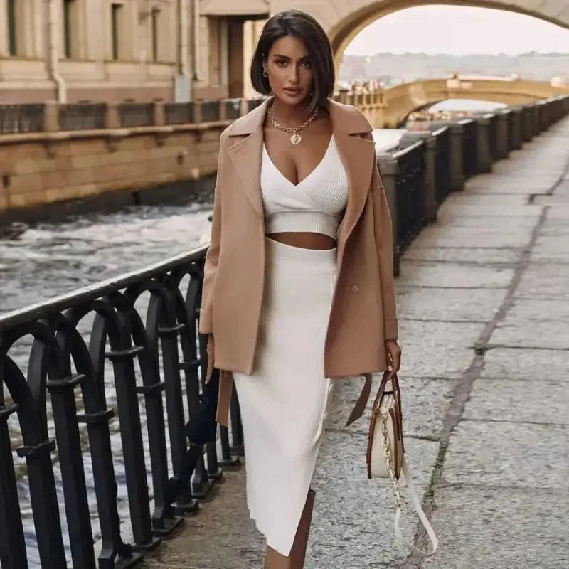 Easy Going and Effortless fit dress. Deep V High Stretch Sweater Skirt Set