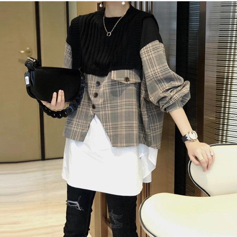 New Loose Shirt Splicing Knitwear Women Fake Two Pieces Western Style Shirt Comfortable Wear