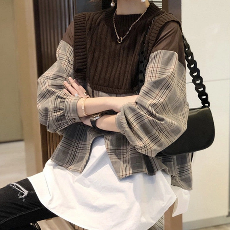 Winter Ready Look New Loose Shirt Splicing Knitwear Women Fake Two Pieces Western Style Shirt