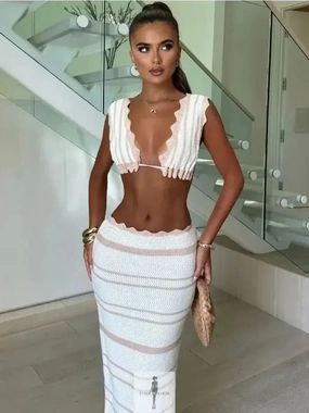 Knit Striped Long Skirt with Crop Top Cool Layers