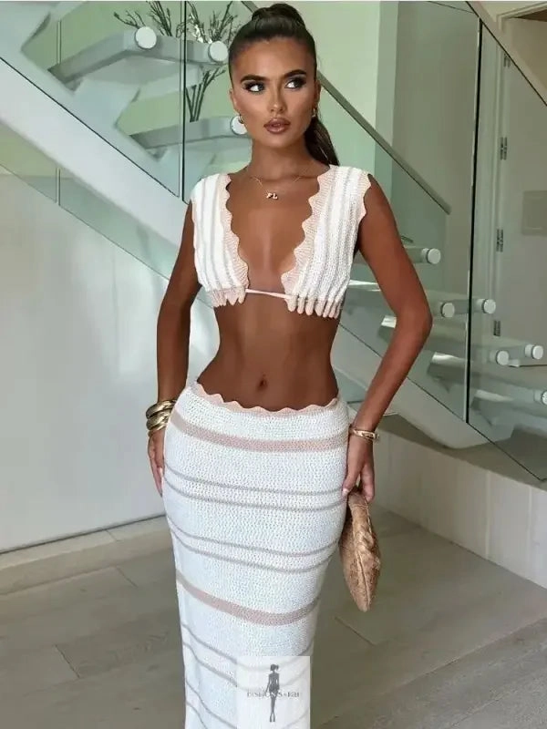 Contoured Cups Stretch Free Waistband Knit Striped Long Skirt with Crop Top