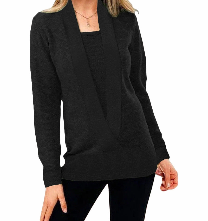 Reinforced Zipper Guard Knitted Solid Color Deep V-neck Long Sleeved Sweater For Women