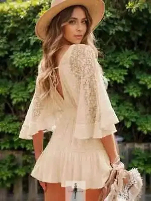 Summer-essentials Earthy-Tone Lace Cutout Half Sleeve Mini Dress