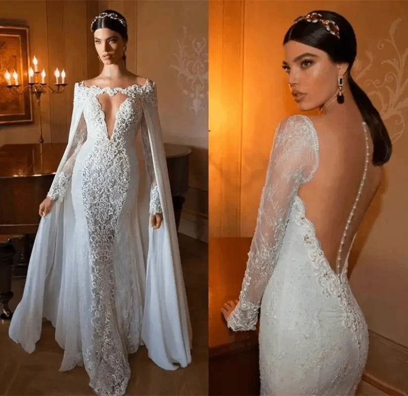 Aura Glow Polished Style Lace Wedding Dress with Cape