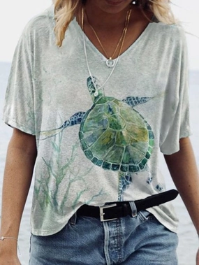 Ladies' New Explosive Style Abstract Painting Tortoise Print Short Sleeve T-shirt Chilly Day Wear