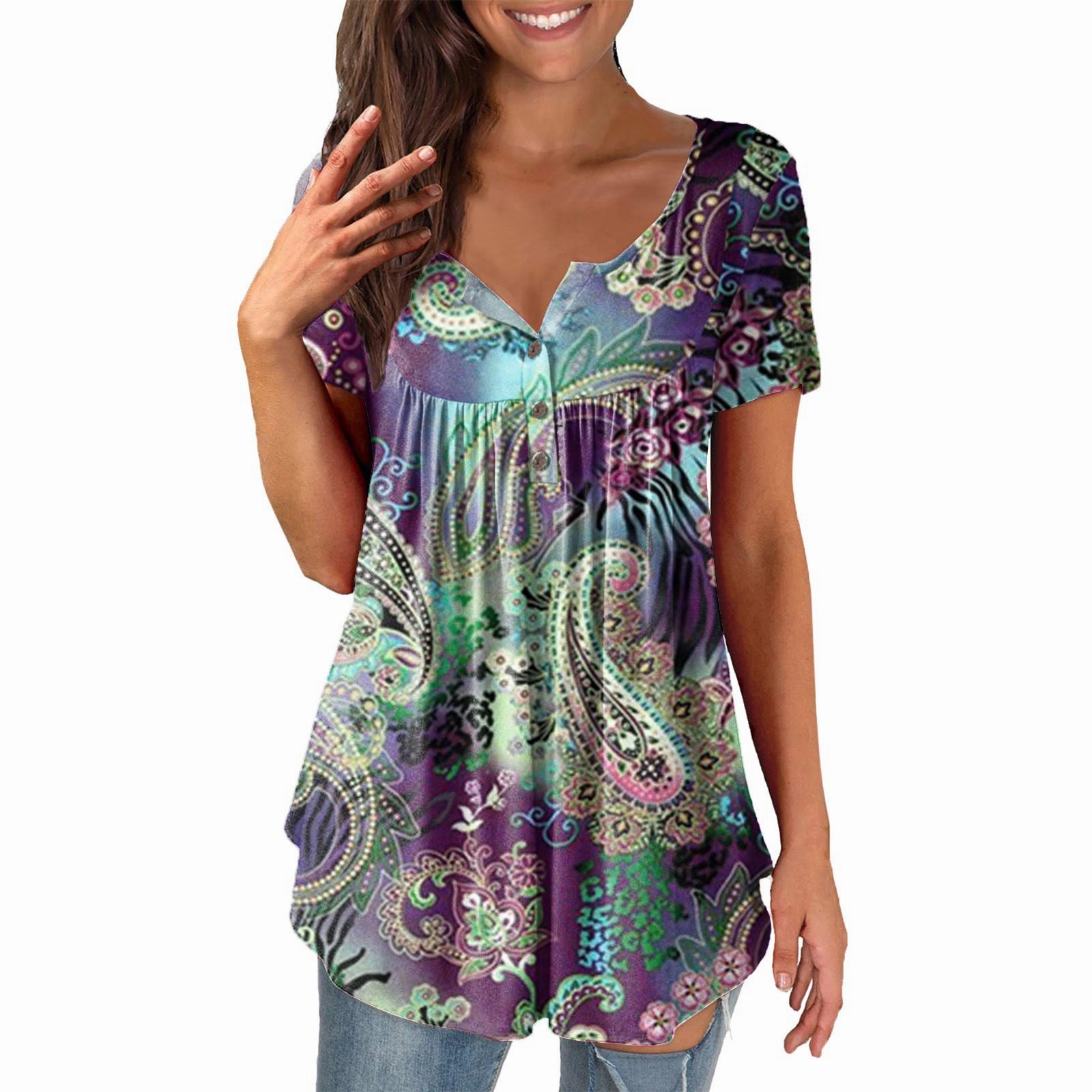 Running wear Ladies' Printed Ruffled Pullover Short Sleeve