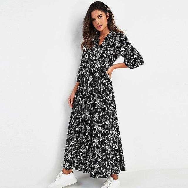 Ladies Chiffon Dress with Printed Long Sleeves and Pockets classic waist