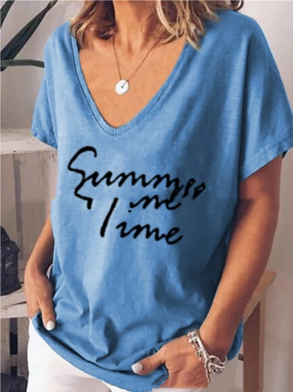 Chill Clothing Ladies Fashion Short Sleeve V-Neck Letter Print Top T Shirt