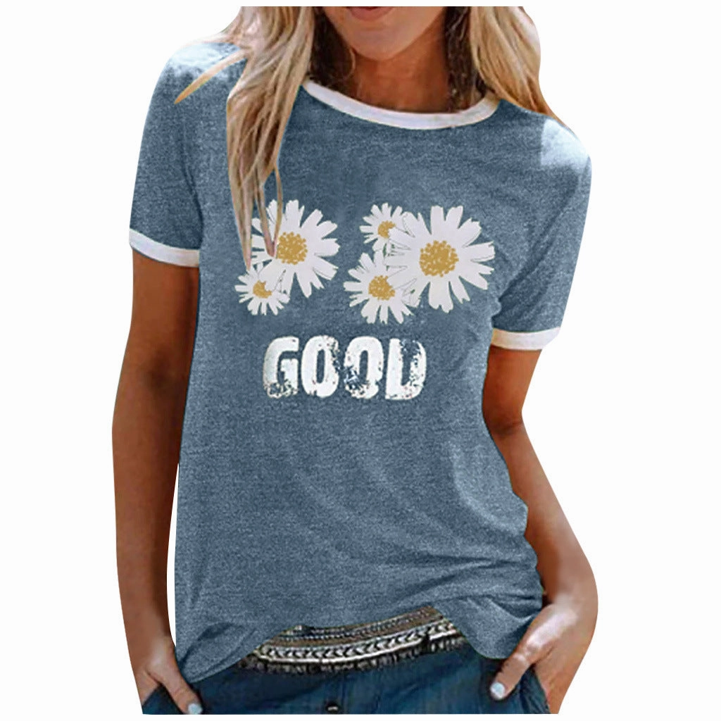 Eco-friendly Fashion Essential Ladies Short Sleeve Round Neck GOOD Daisy Print Top T-Shirt