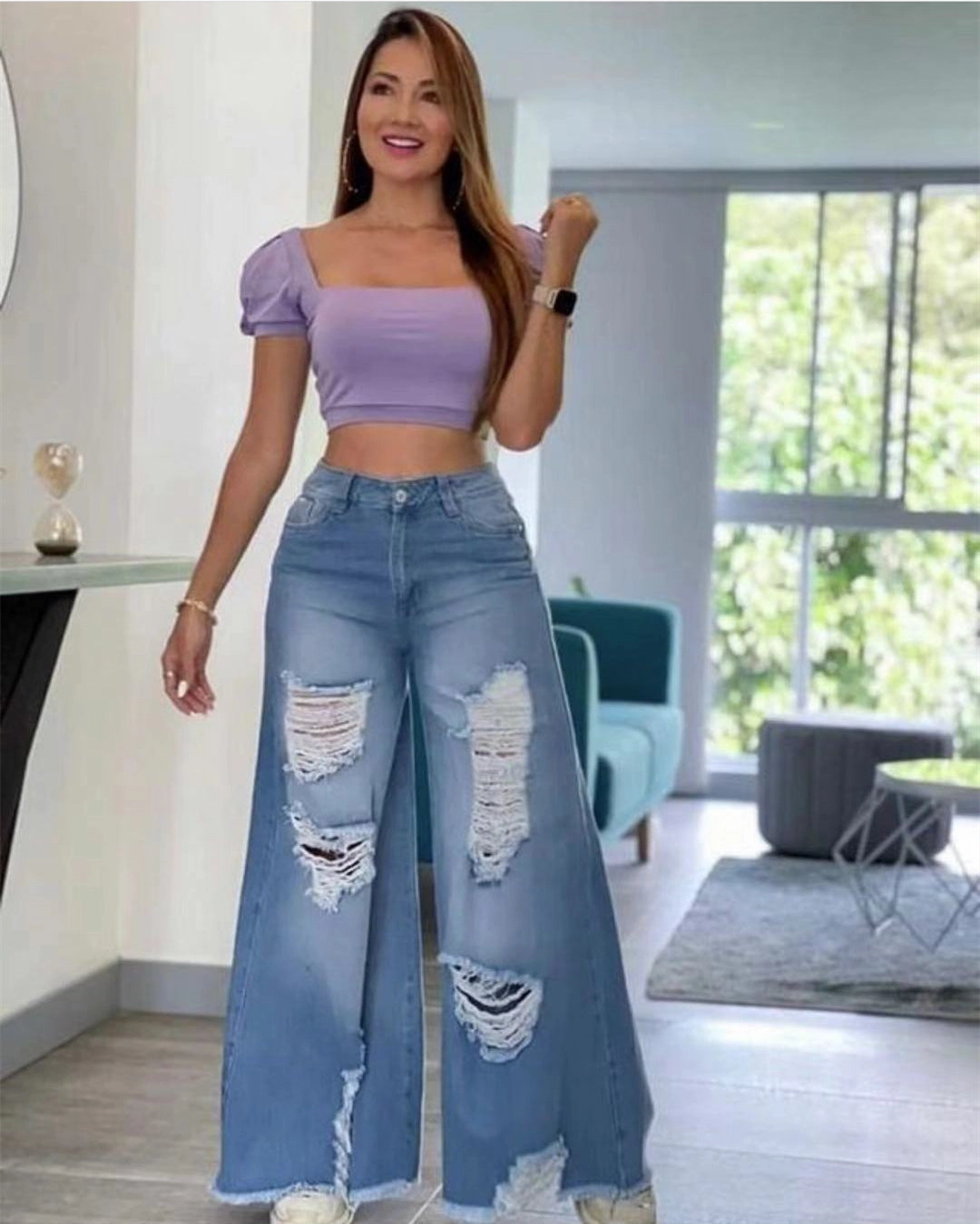 Lady Sexy Fashion Holes Denim Wide-leg Pants Modern Minimalist Creative Look Iconic Outfit