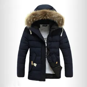 2021 Winter Fur Collar Cotton-Padded Jacket Men'S Korean Style Slim Mid-Length Men'S Student Padded Jacket and Velvet Thick Hooded Jacket OdorResistant Treatment