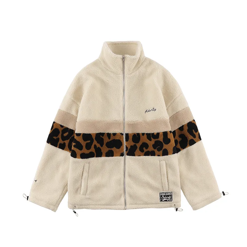 Lamb Wool Coat Men'S Color Matching Leopard Print Loose and Thick to Keep Warm No Static