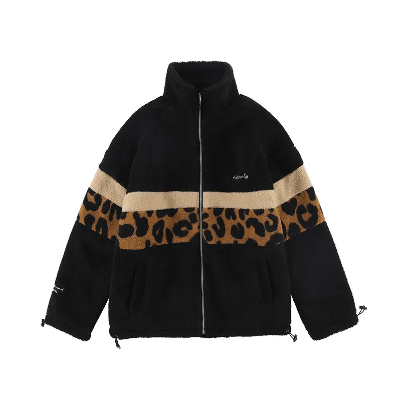 Lamb Wool Coat Men'S Color Matching Leopard Print Loose and Thick to Keep Warm Odor Resistant Coating Minimalist Style