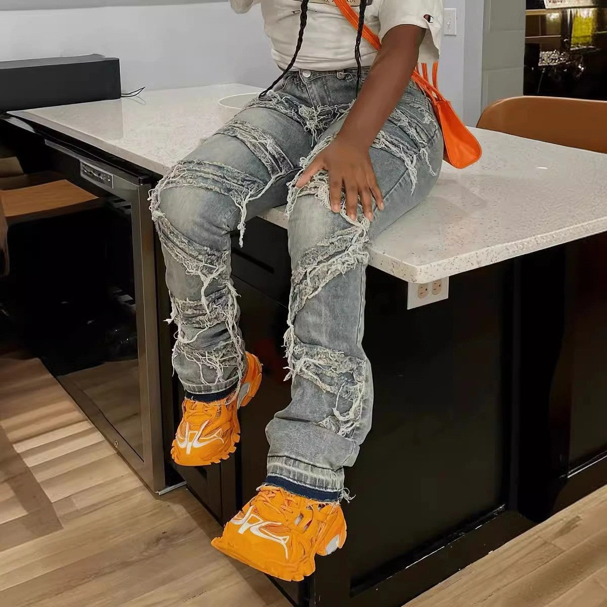 Flexible Fabric Neutral Style Laminated Ripped Washed Straight Tassle Fashion Casual Jeans