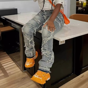 Go-To Basic Laminated Ripped Washed Straight Tassle Fashion Casual Jeans