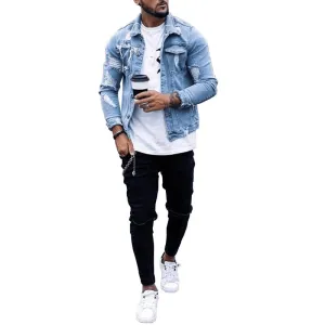 Convertible Silhouette Lapel Men'S Denim Jacket Ripped Irregular Washed Jacket