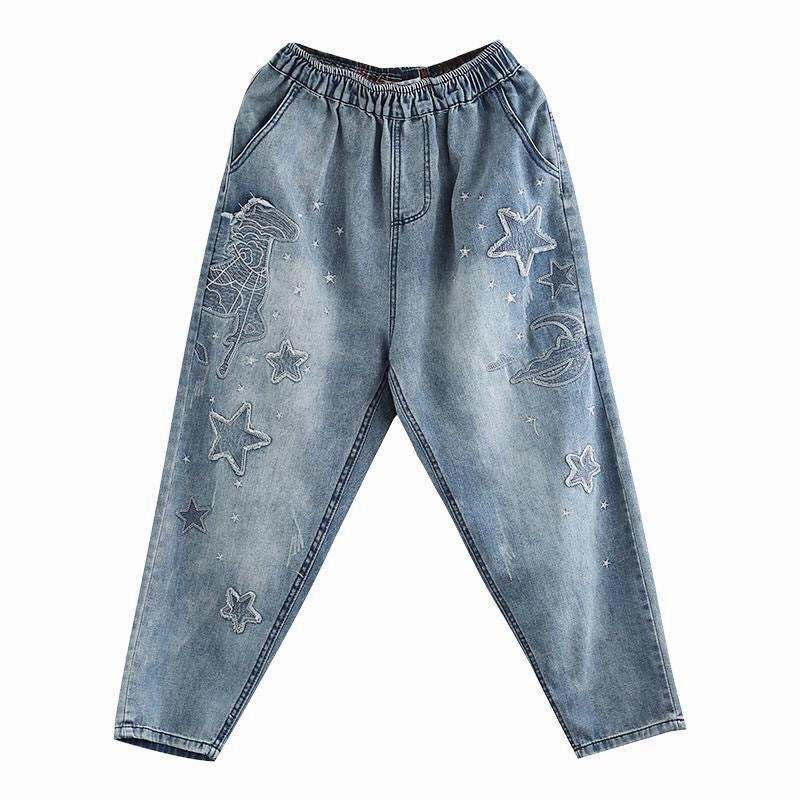 Large Size Elastic Waist Retro Do Old Casual Nine Point Pants Responsible Denim Production Vintage Wash
