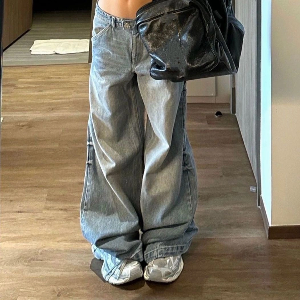 Elegant Party Look Winter Warmth Adaptive Look Large Size Washed Wide-leg Trousers Women's Mopping Jeans