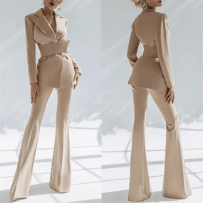 Fashionable Fit Blazer With Belt   Flare Pants Set
