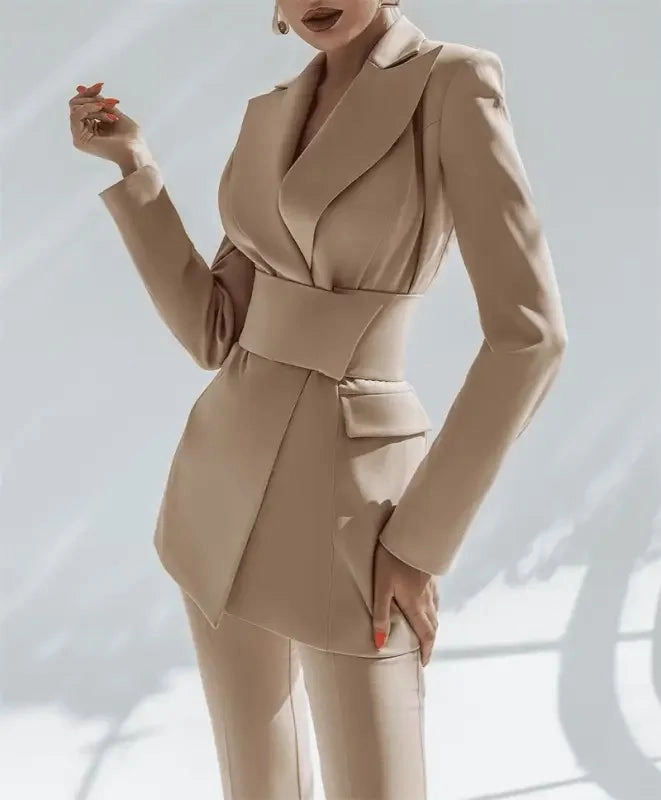 Indoor Comfort Blazer With Belt   Flare Pants Set