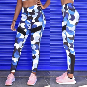 Women Blue Camouflage Yoga Leggings Smooth Texture HighCompressionZones