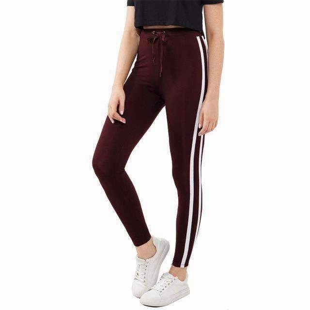 elastic waistband Women's Striped Sideseam with Drawstring Burgundy Leggings